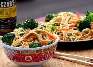 spicy szechuan noodle salad with broccoli