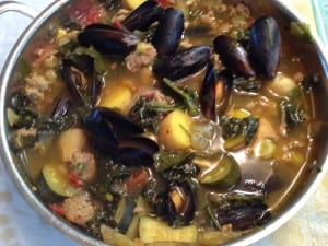 Mediterranean Mussel Stew with Sausage, Kale and Zucchini