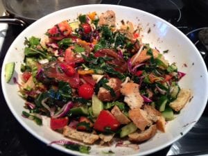 Heirloom Tomato Panzanella with Cucumbers and Collards