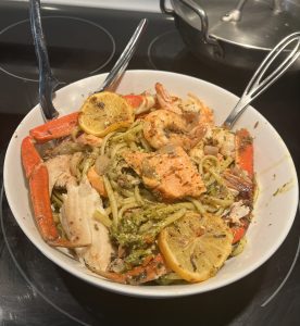 Simple Roasted Seafood over Pesto Linguine