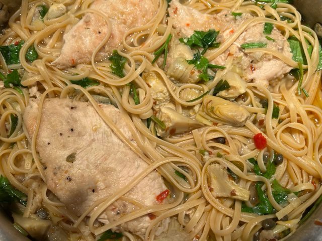 Linguine with Chicken Artichokes and Capers