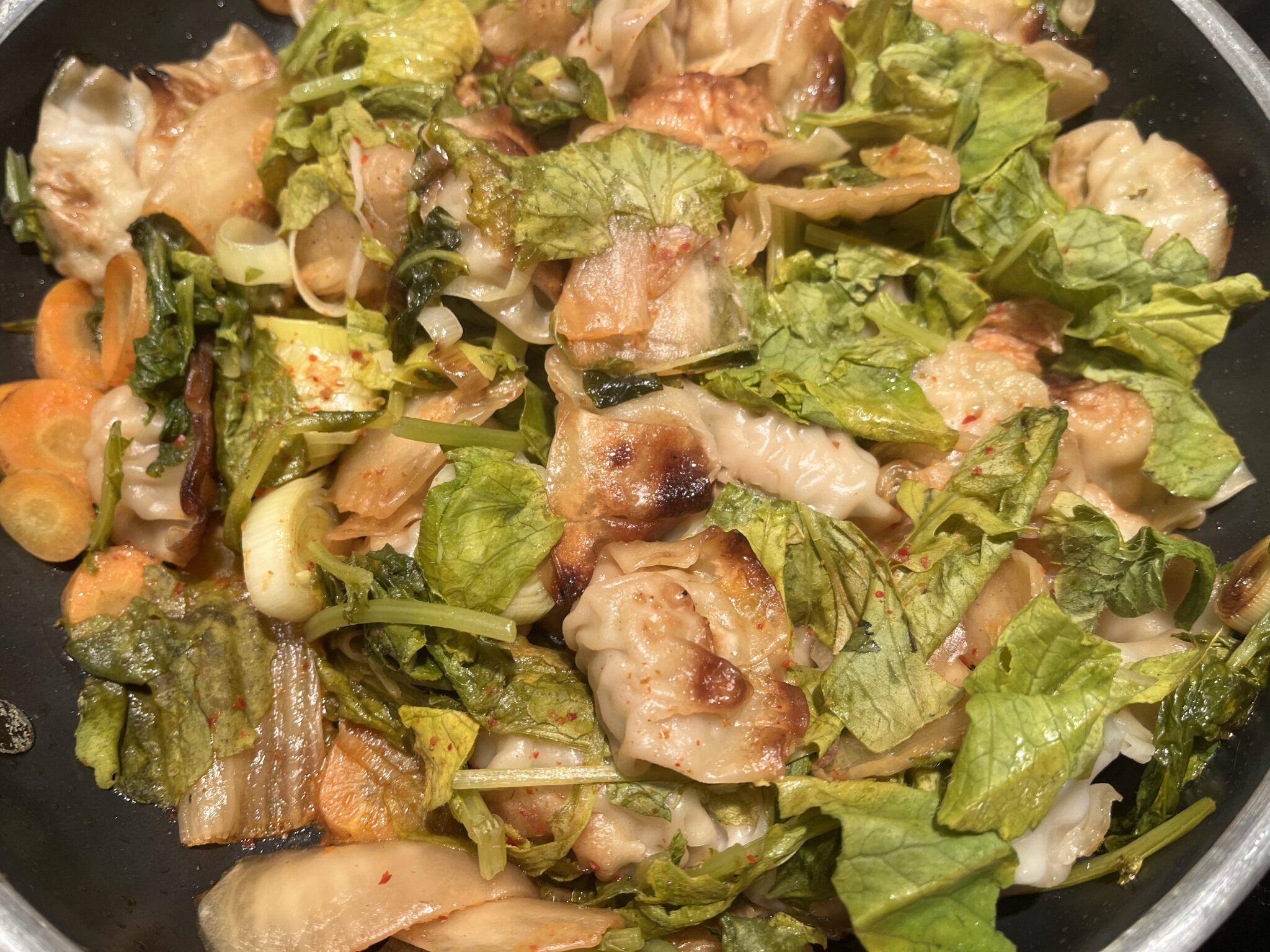 Fried Wonton with Radish Greens and Kimchi