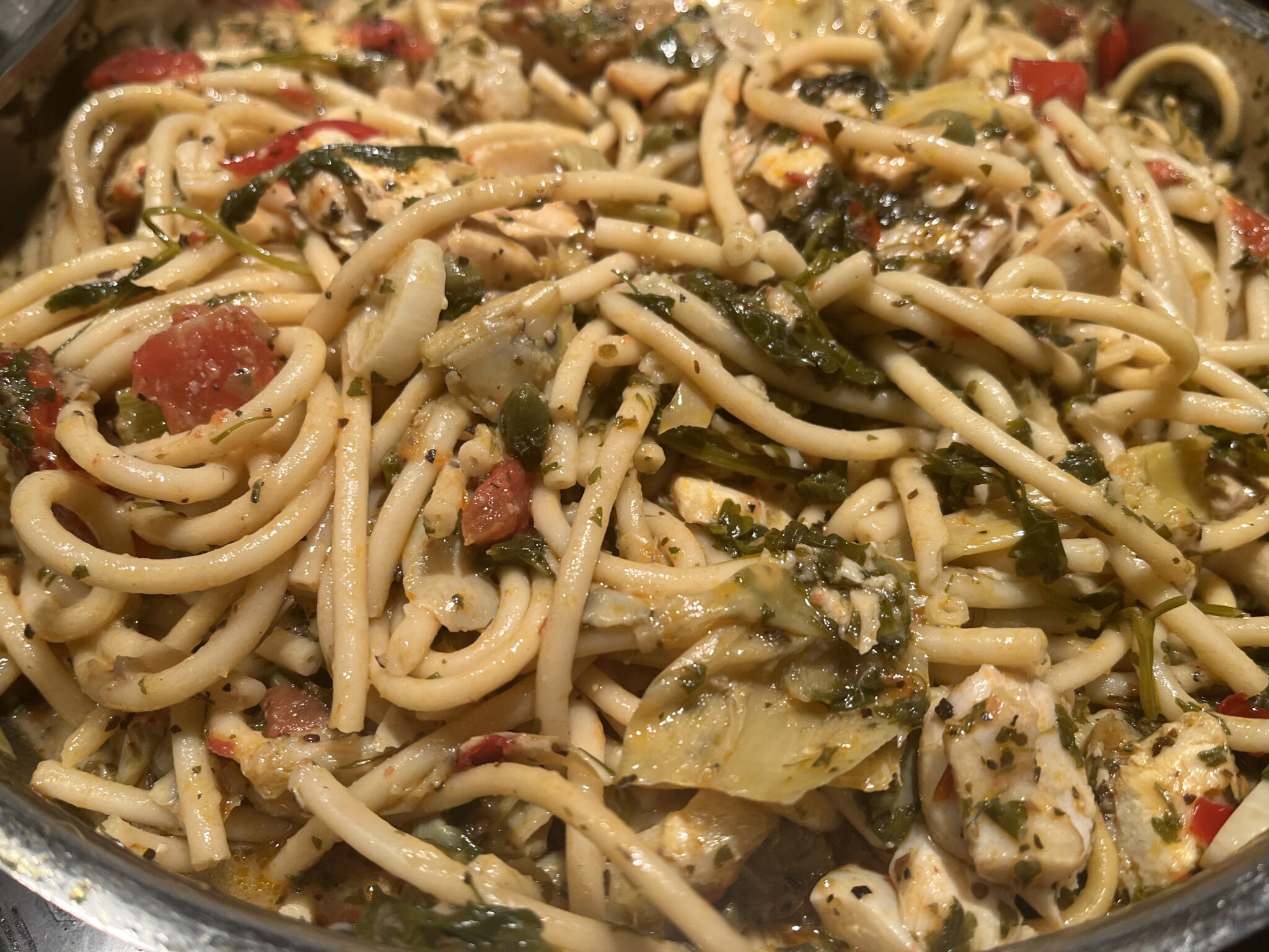 Bucatini with Fish Artichokes and Capers